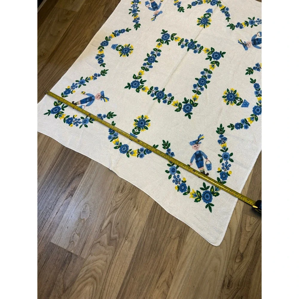 Vintage Folk Art‎ Lederhosen Boy Terry Cloth Tablecloth Floral Blue Yellow 51x46